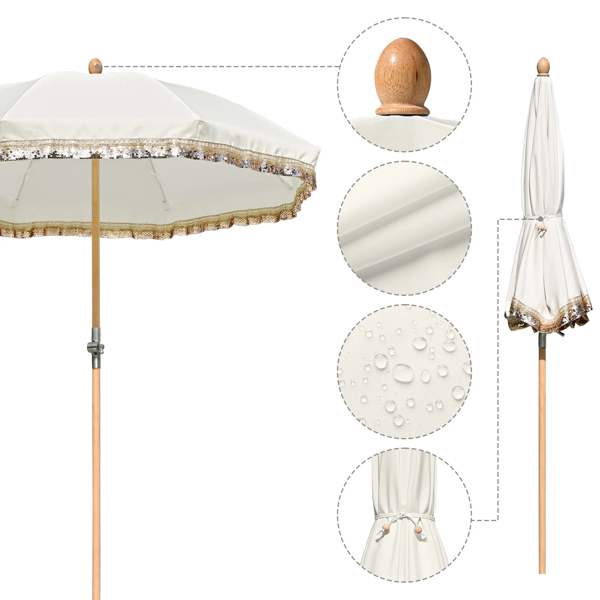 LAGarden 6 Ft Fringe Patio Umbrella with Tassel Jazz Age Wood UPF50+ for Outdoor, Beige with gold tassel,Model: JZ6-01 - Image 32