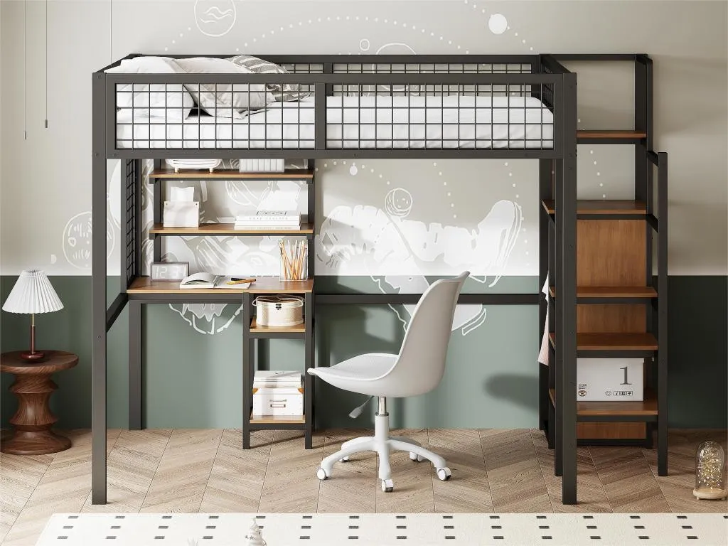 Cama entreplanta infantil 140x200 cm con estructura de hierro - con escalera armario y escritorio - Negro 09846VOJV