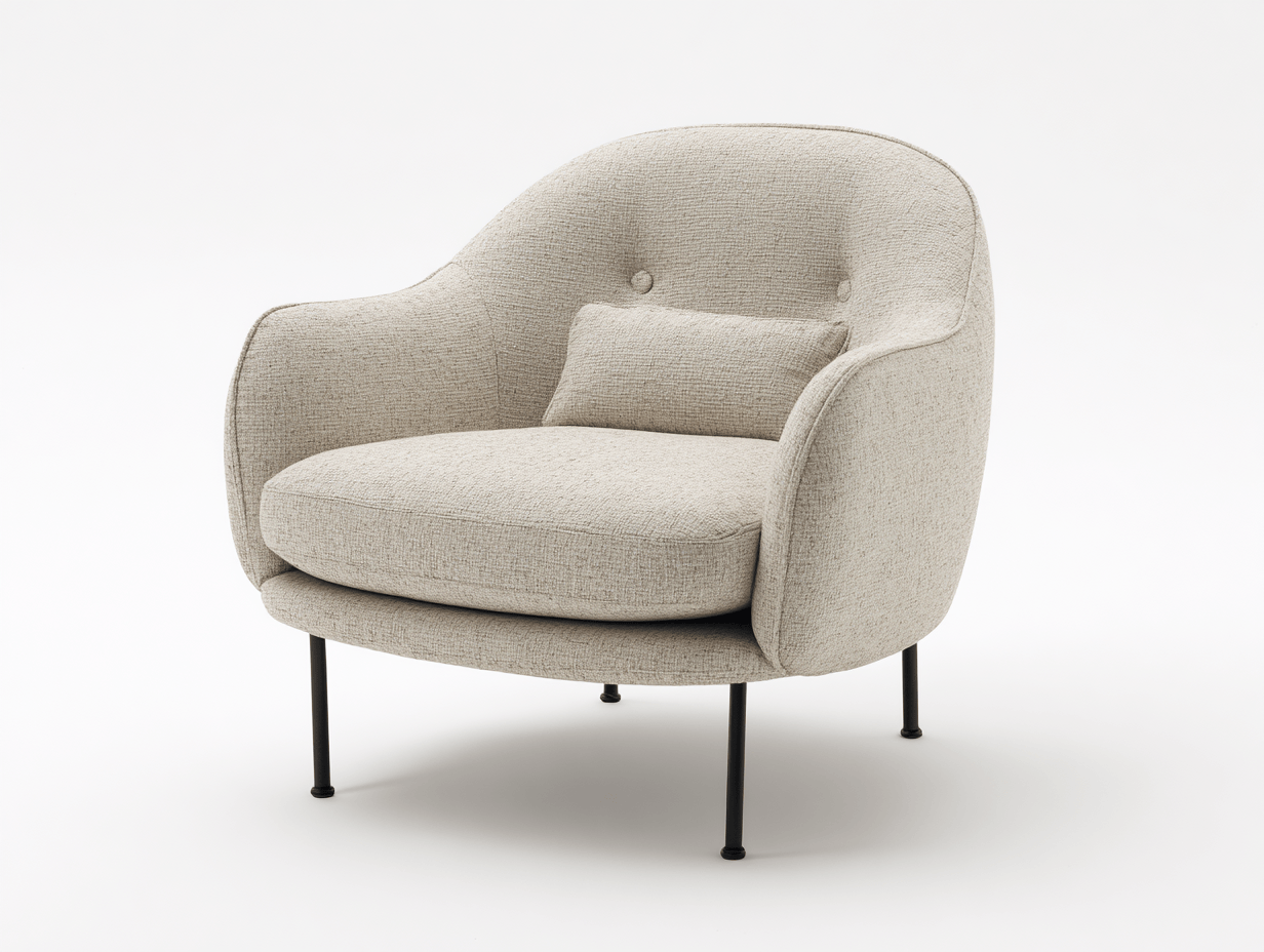 Sillón tapizado en tela 85×80×88 cm – gris claro – con cojín lumbar y patas metálicas negras