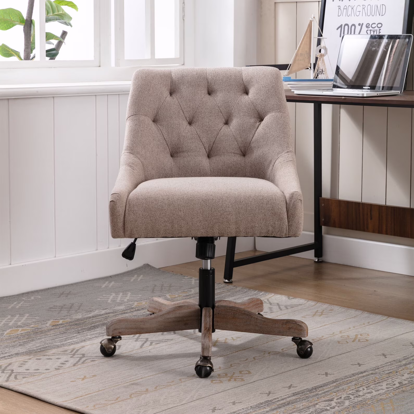 360 Degree Swivel Office Desk Chair, Upholstered Leisure Vanity Chair with Solid Wood Base and Wheels, Adjustable Height Computer Chair for Bedroom Living Room, Brown
