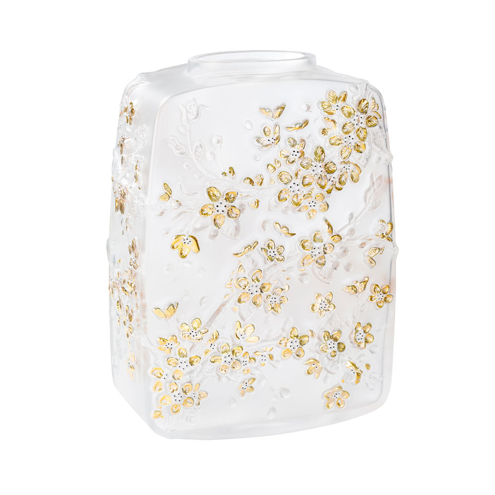 VASE FLEURS DE CERISIER - CRISTAL INCOLORE TAMPONNÉ OR, POINTS D’ÉMAIL NOIR