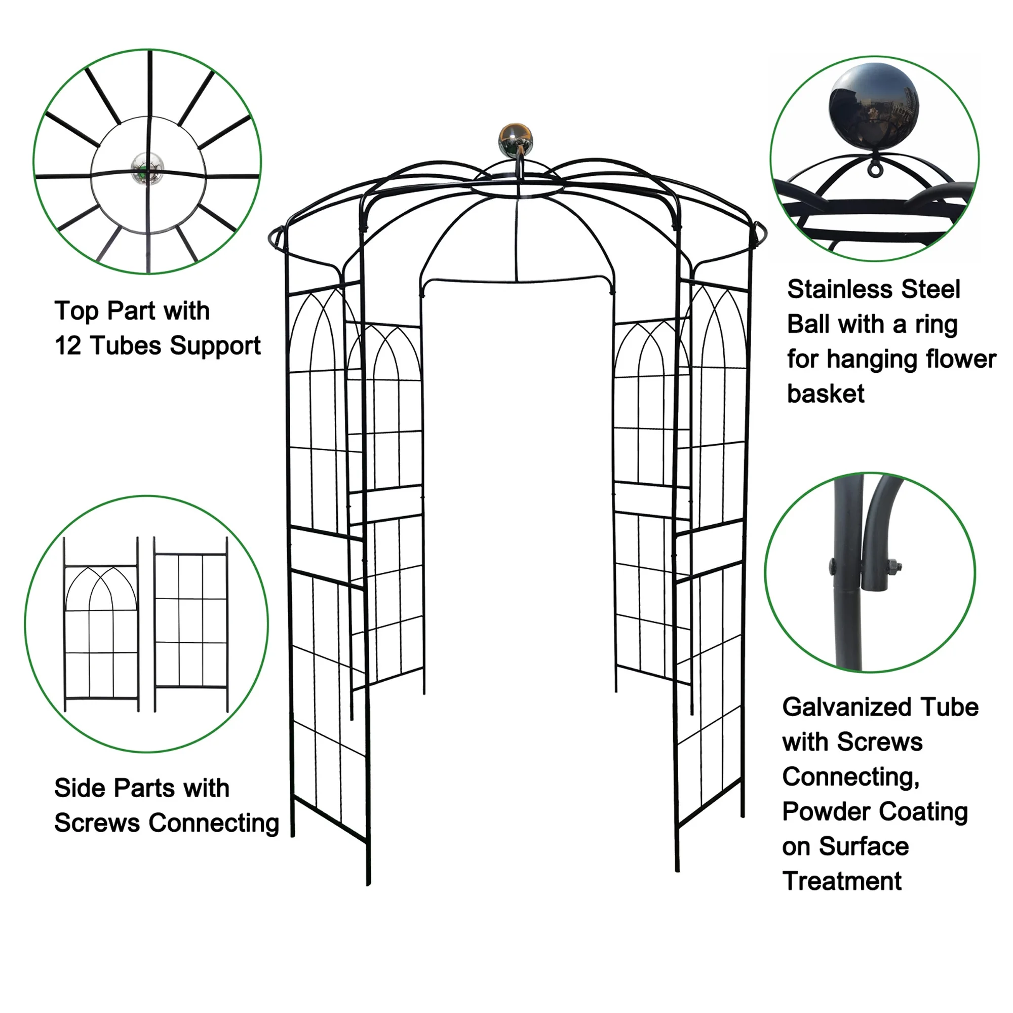 Metal Garden Arch Iron Garden Arbors Gazebo Dia81.3'' x 114.2'' High Birdcage Shape Pergola Pavilion for Wedding Ceremony Outdoor Black - Image 13