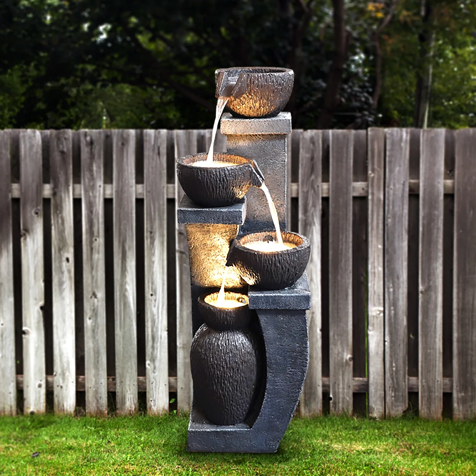 37.4-H Outdoor Water Fountain with 4 Crocks, Modern LED Lighted Garden Floor Fountain for Patios and Yards -C Durable Resin Water Feature with Cascading Waterfall Design for Indoor/Outdoor D-cor - Image 3