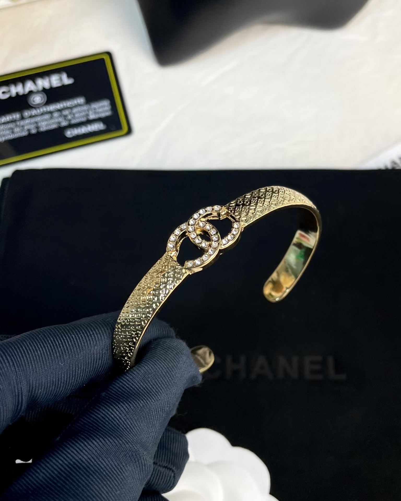 Chanel Hollow Diamond Paved Double C Open Bangle Bracelet - Original Replica Club
