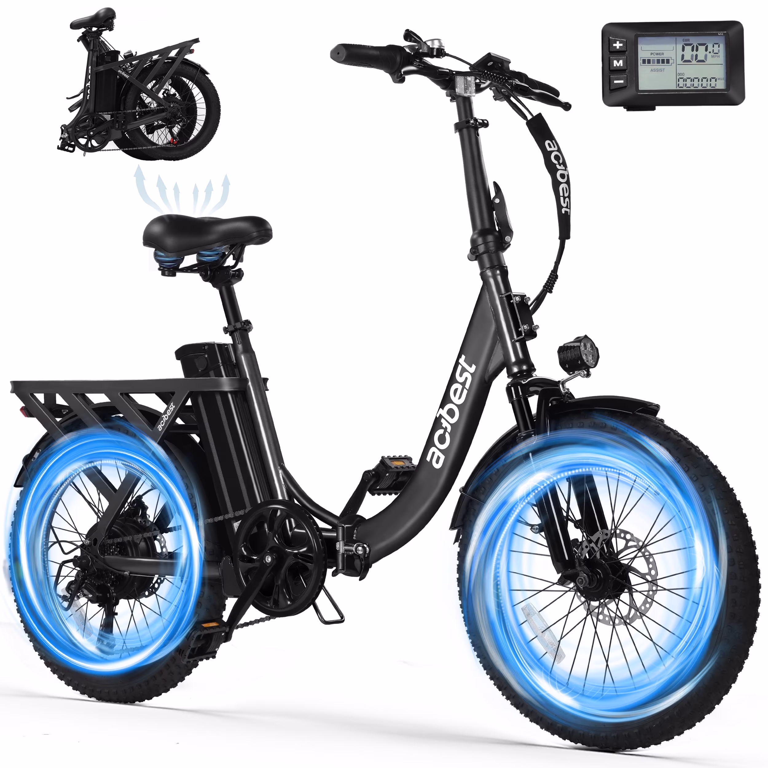 Actbest Electric Bike for Adults, Mars 20'' Fat Tire Folding Ebike with Peak 1200W Motor, 7 Speed 28MPH, 48V 499wh Removable Battery, Adjustable Bike Stem, Foldable Electric Bicycle UL2849 (Black)(Black/with Rear Basket)