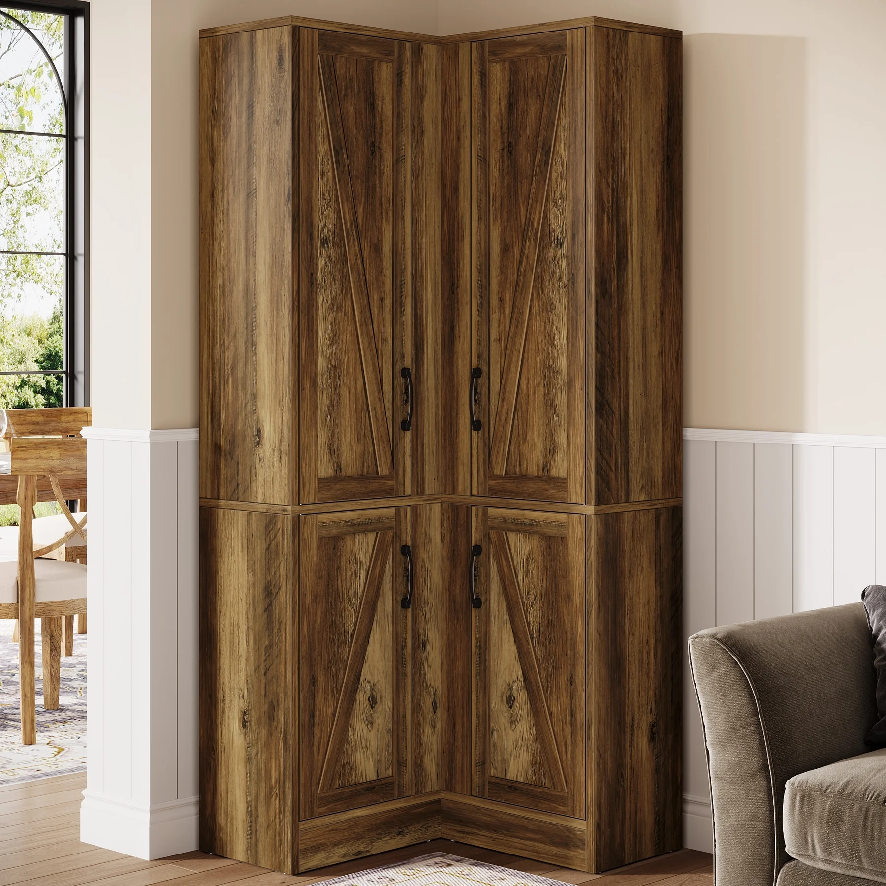 Tribesigns 70.8" Tall Corner Cabinet, Farmhouse Storage Cabinet with 4 Doors & 5 Storage Shelves - Image 10