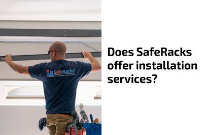 SafeRacks overhead rack being install by a SafeRacks certified installer. Text to right says "does saferacks offer installation services"