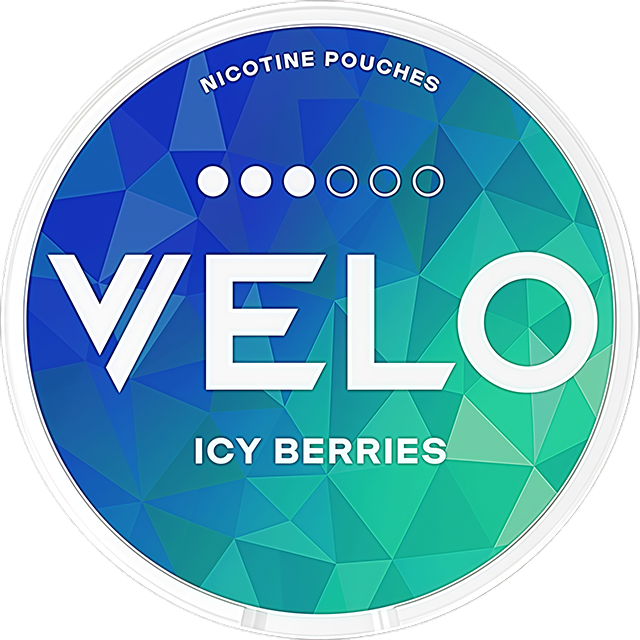 VELO Icy Berries 10mg nicotine pouches — Slim Moist can with 20 strong berry-menthol pouches