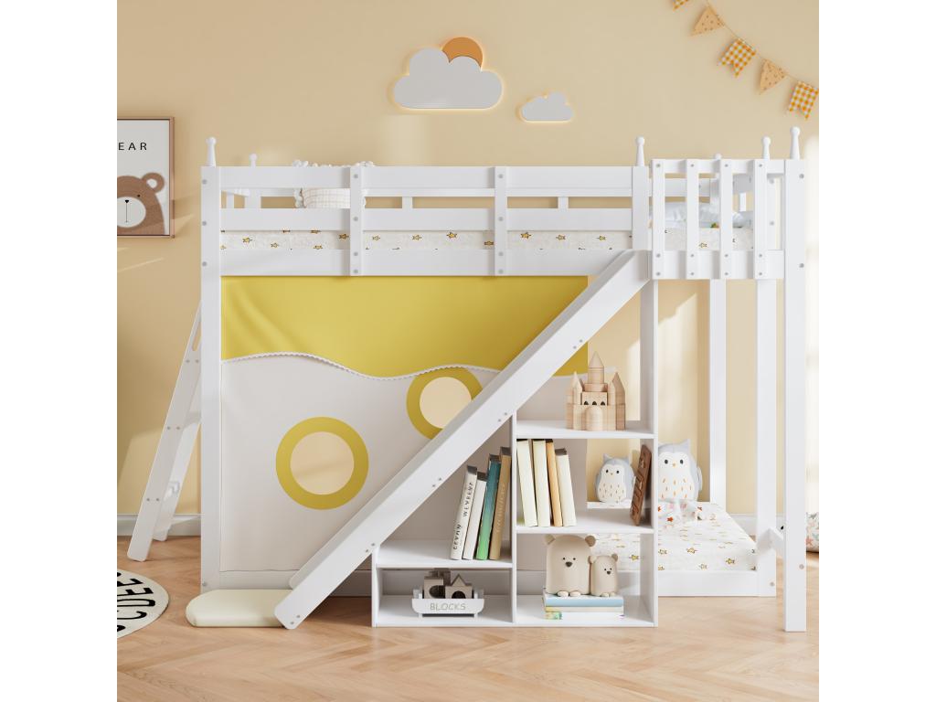Cama superpuesta para niños con escalera y barandilla, caballetes de cama, tobogán y bandolera, blanco (90x200 cm)