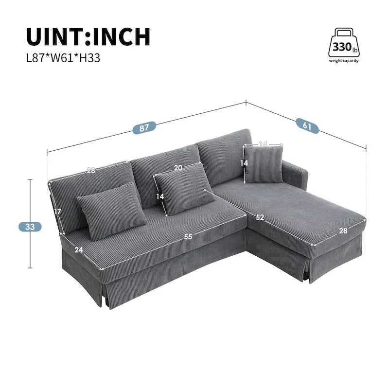 Contemporary L-Shaped Corduroy Sofa with Reversible Chaise from Harper & Bright Designs