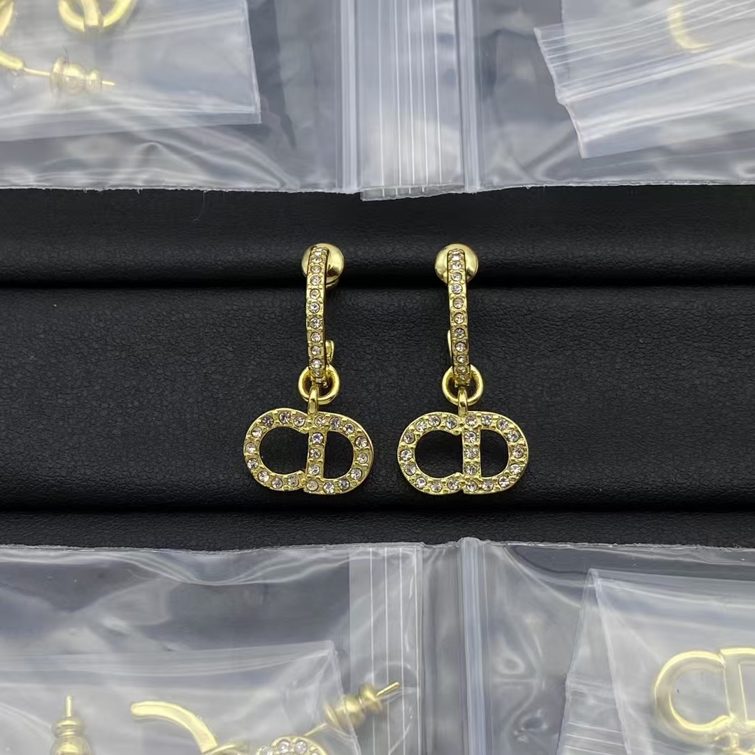 Dior Diamond Paved Gold CD Drop Earring - Original Replica Club