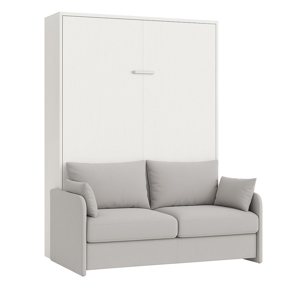 Sofá cama moderno con diseño compacto, color blanco y gris, ideal para apartamentos pequeños, estructura de madera, tapizado en tela suave