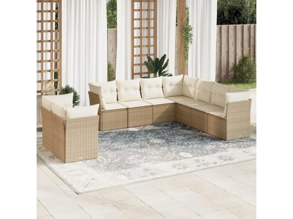 Set de sofás de jardín 9 pzas con cojines ratán sintético beige