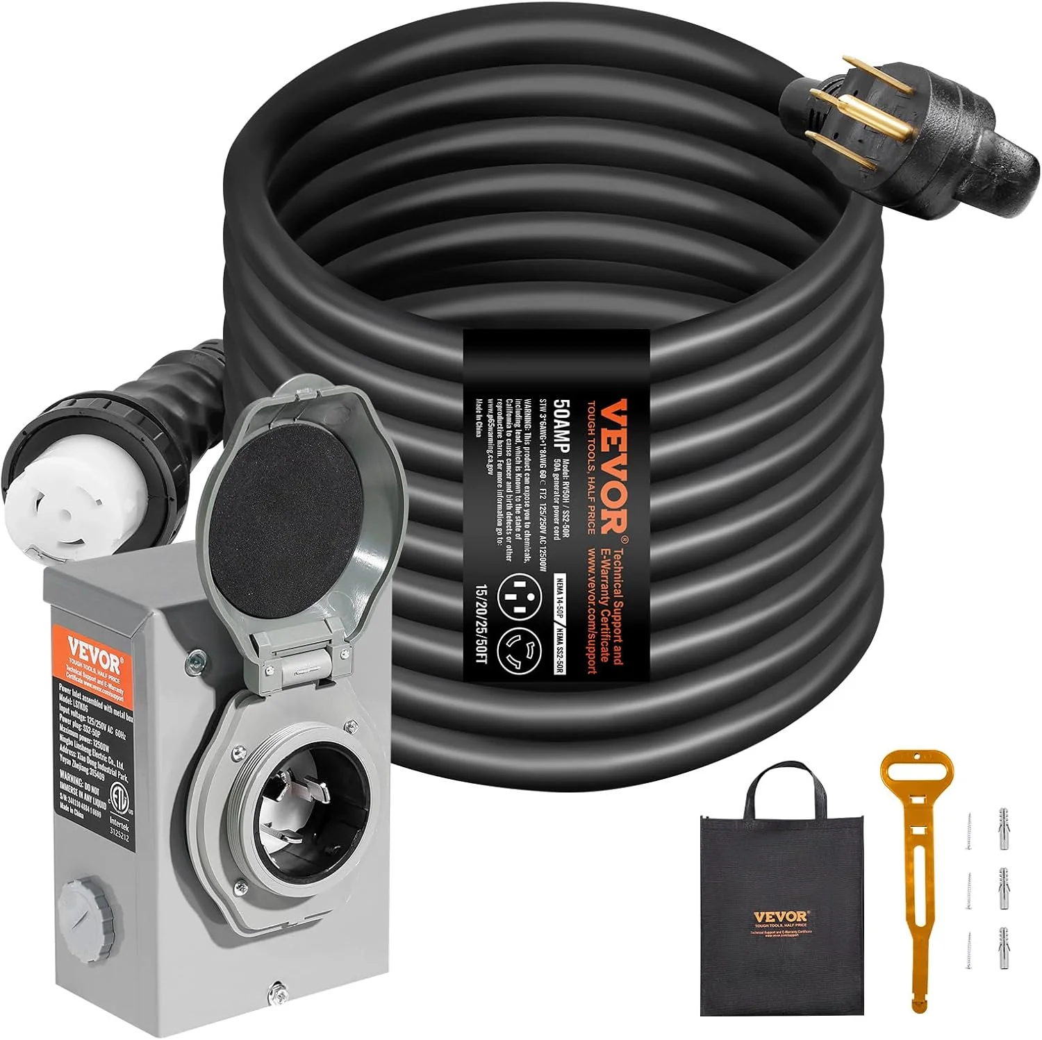 VEVOR 50 Amp Generator Cord And Power Inlet Box Kit, 50-Foot, NEMA 14-50P/SS2-50R, 6/3+8/1 AWG - Image 9 VEVOR 50 Amp Generator Cord And Power Inlet Box Kit, 50-Foot, NEMA 14-50P/SS2-50R, 6/3+8/1 AWG - Image 9