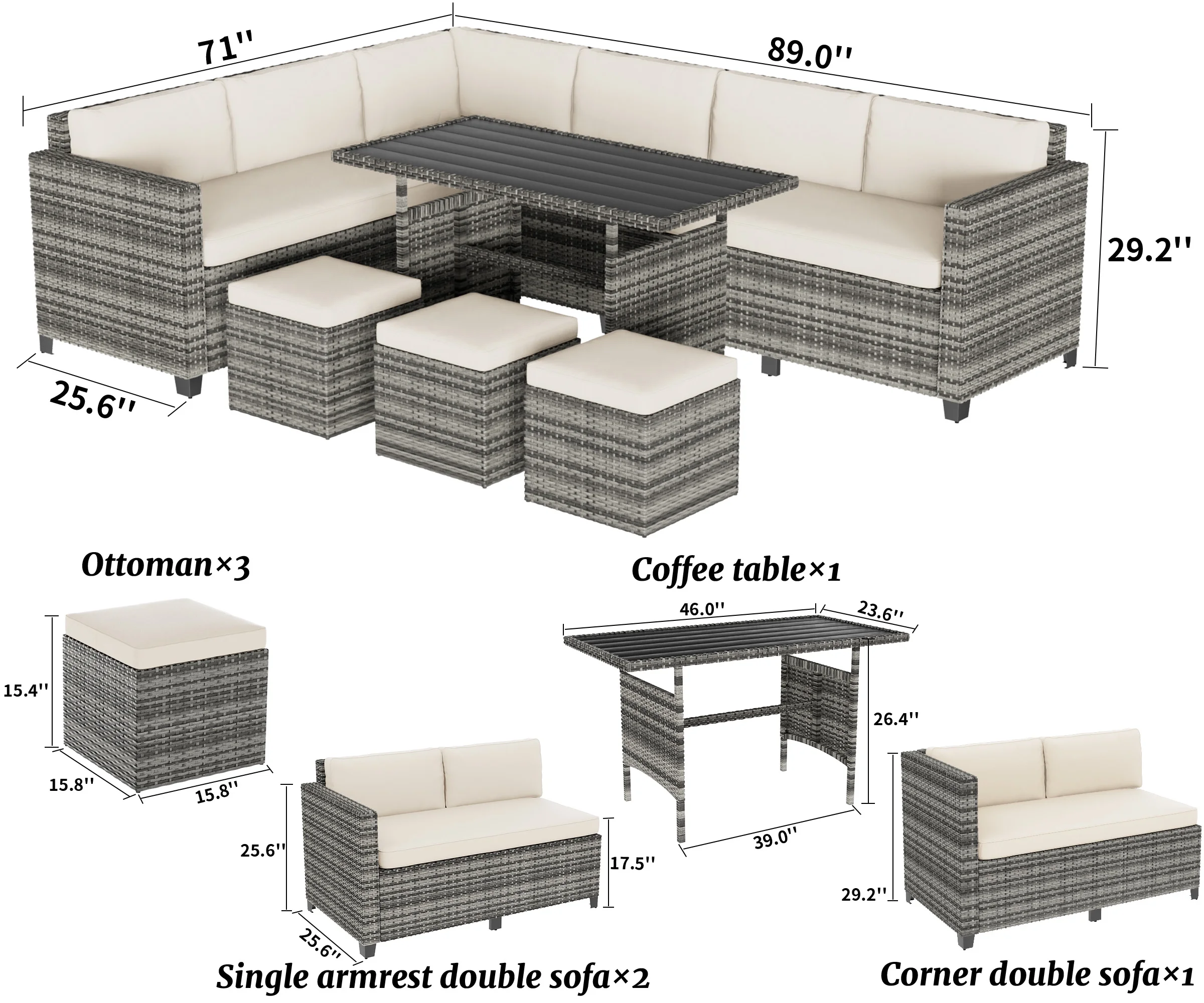 Bifanuo 7 Piece Patio Furniture Set, Outdoor Furniture Patio Sectional Sofa, All Weather PE Rattan Outdoor Sectional with Beige Cushions and Table, Black Wicker - Image 2