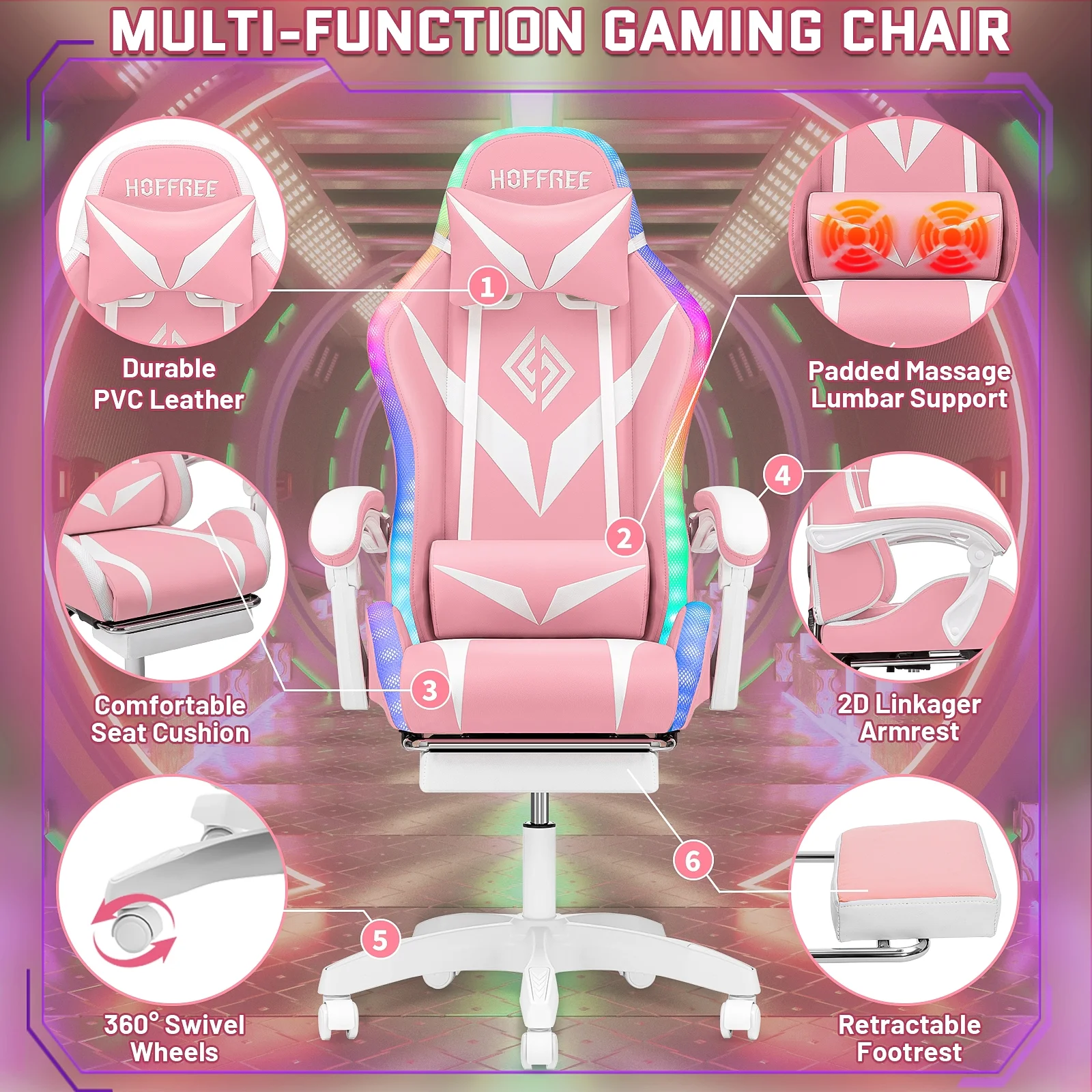 Hoffree Gaming Chair with Speakers PU Leather Office Chair with Footrest and LED Lights Ergonomic Gamer Chair with Massage Lumbar Support and Headrest Adjustable Swivel for Home Office 300lb - Image 73