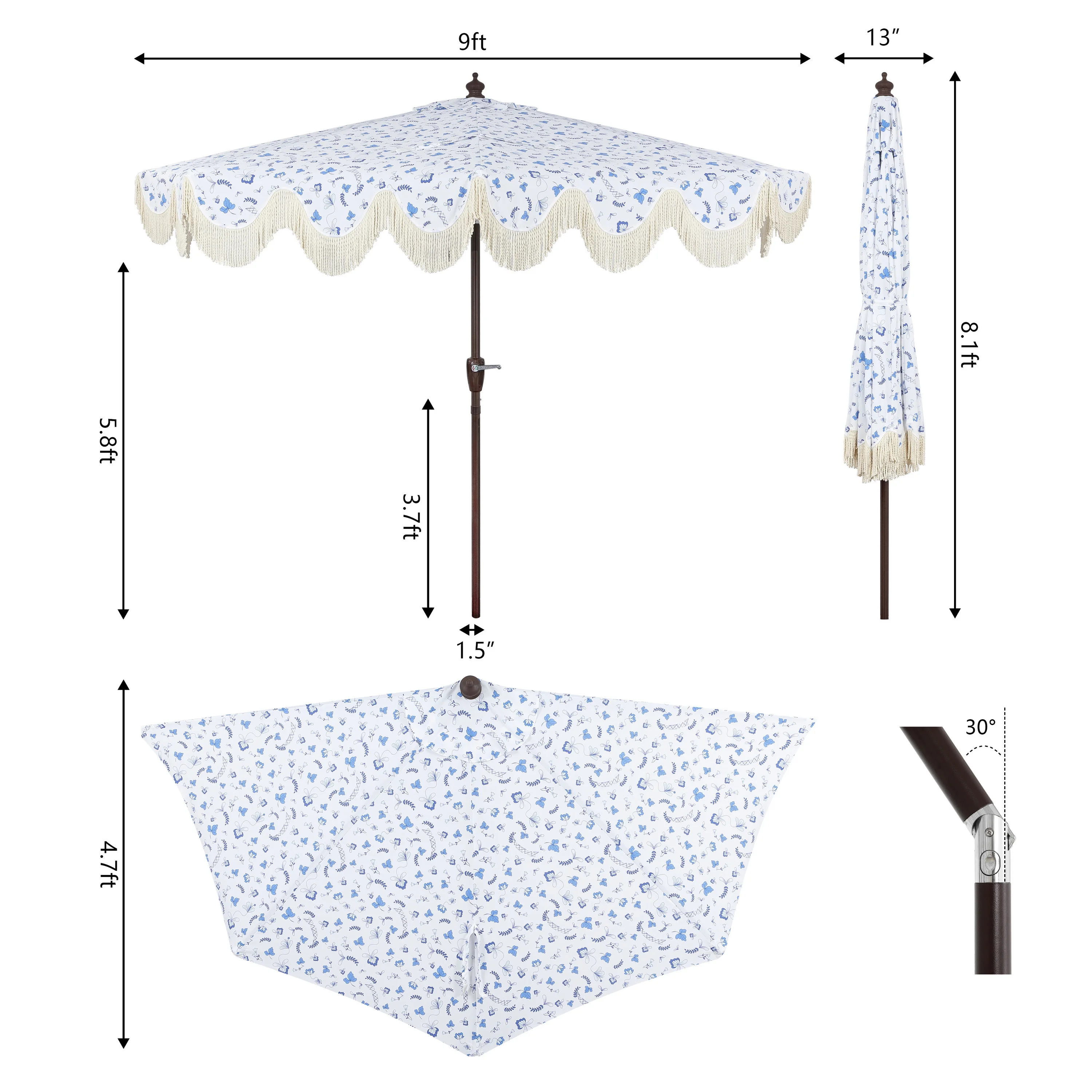 JONATHAN Y Beverly 9 ft. Half Market Patio Umbrella, Designer Classic Scalloped Fringe with Crank, Tilt Button and UV Protection, Blue/White/Cream, Dark Brown Pole - Image 4