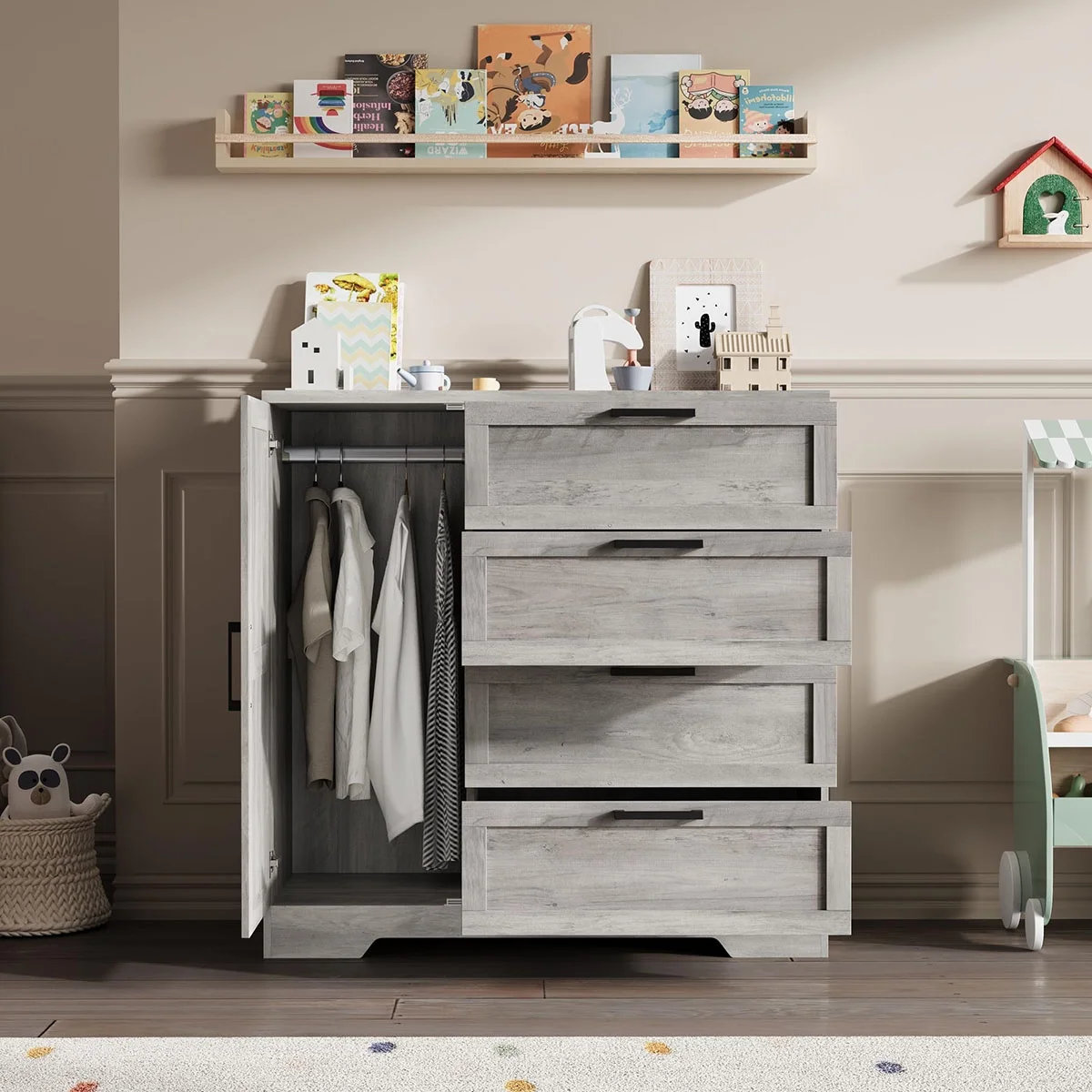 Ataucjin Wood Armoire Wardrobe Closet with 4 Drawers and Door, 43.3" H Bedroom Wardrobe Cabinet with Hanging Rod, Clothing Storage Cabinets, 4 Drawers Dresser with Storage Closet - Image 15