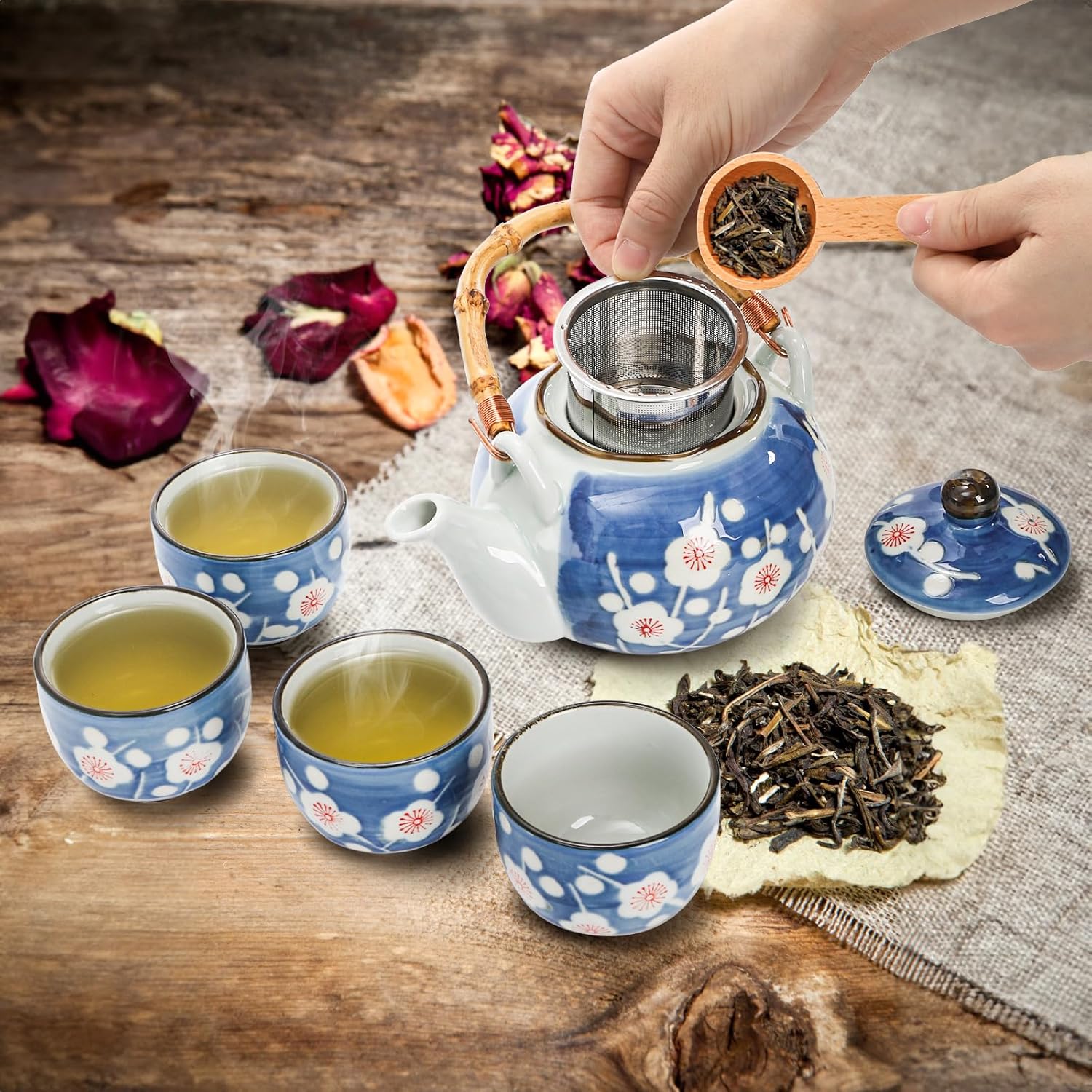 Japanese Tea Set, Ceramic Floral Tea Pot and 4 Pieces Cups with Infuser Bamboo Handle, Traditional Bone China Teapot Kit Gift for Coffee, Water, Home, Office