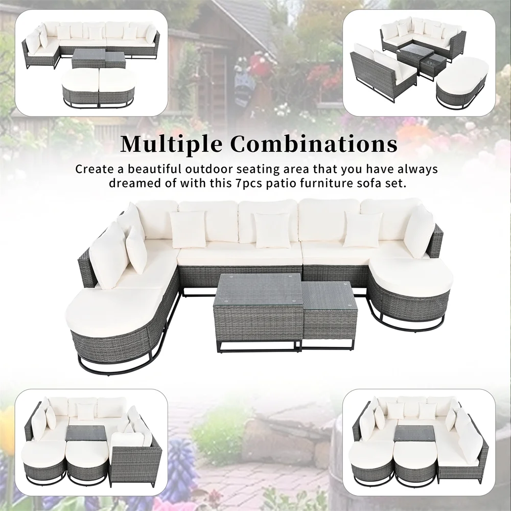 8 Pieces Outdoor Wicker Round Furniture Set, All Weather Half-Moon Sectional Patio Sofa Sets with Rectangular Coffee Table, Beige - Image 27