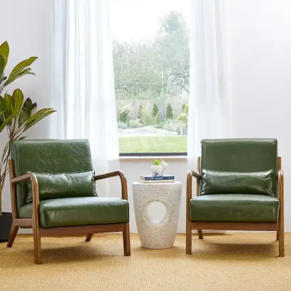 Glitzhome Set of 2 Mid-Century Modern PU Leather Accent Chairs - 30.75H with Cushions (25.75W x 33.75D)