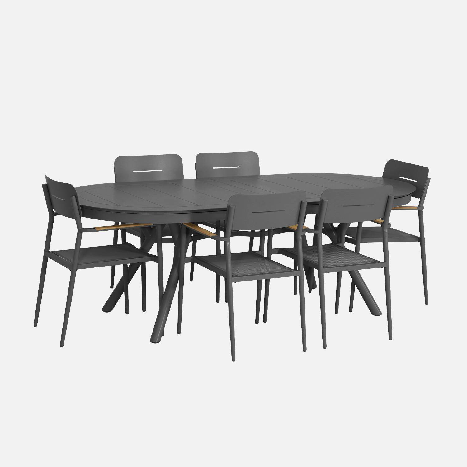 Metora + Fira - Conjunto mesa de jardín ovalada extensible de aluminio con 6 sillas