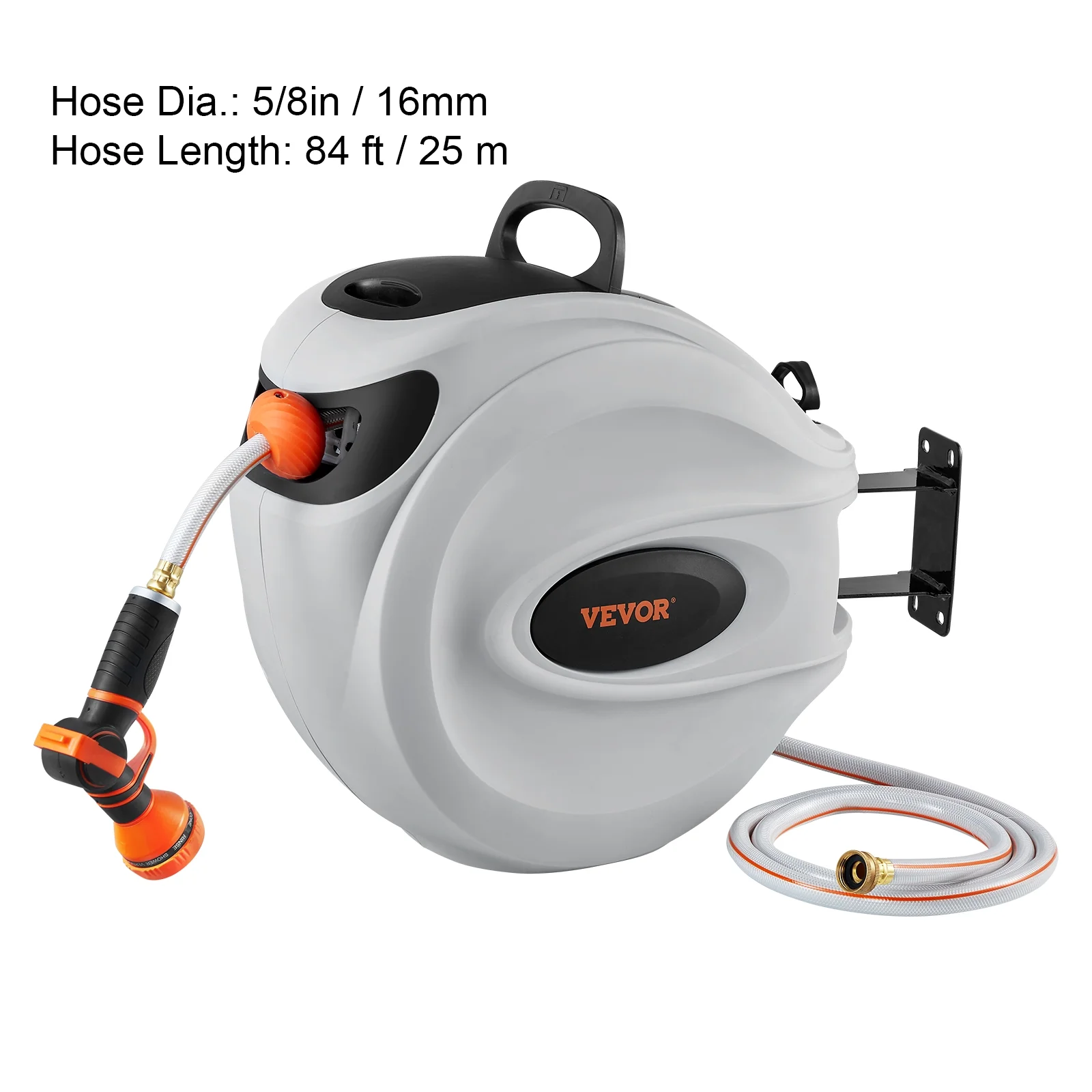 VEVOR Retractable Hose Reel, 84 ft x 5/8 inch, 180- Swivel Bracket Wall-Mounted, Garden Water Hose Reel with 9-Pattern Nozzle, Automatic Rewind, Lock at Any Length, and Slow Return System - Image 8
