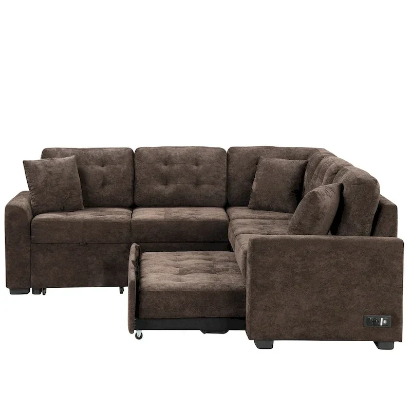 82.6-Inch L-Shaped Sleeper Sofa with Pull-Out Feature, Wheels, USB Ports, and Power Sockets - Dimensions: 82.6W x 82.6D x 33H