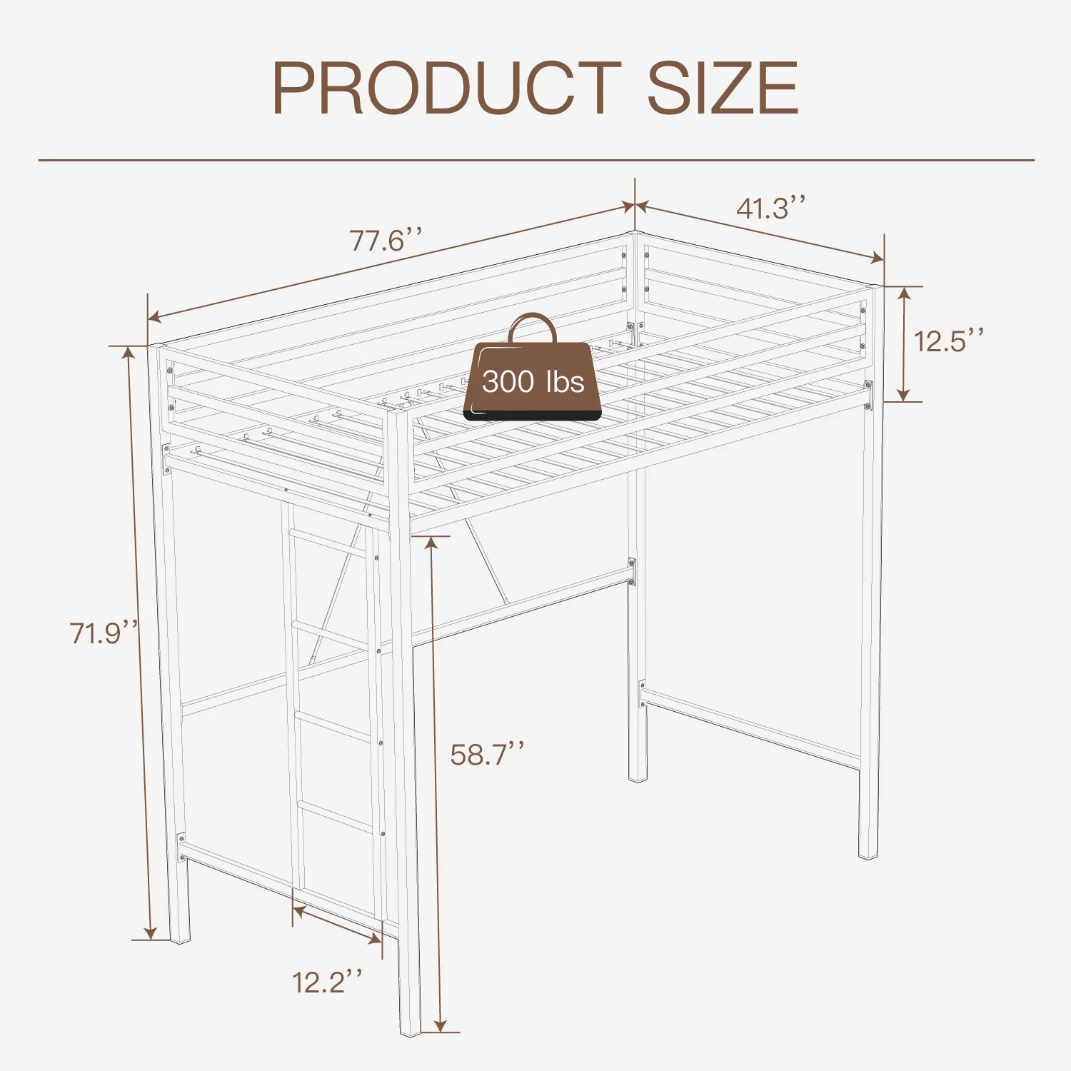 Einfach Metal Twin Size Loft Bed with Removable Ladder & Full-Length Guardrail, White - Image 12