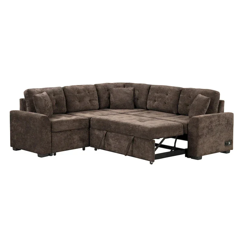 82.6-Inch L-Shaped Sleeper Sofa with Pull-Out Feature, Wheels, USB Ports, and Power Sockets - Dimensions: 82.6W x 82.6D x 33H