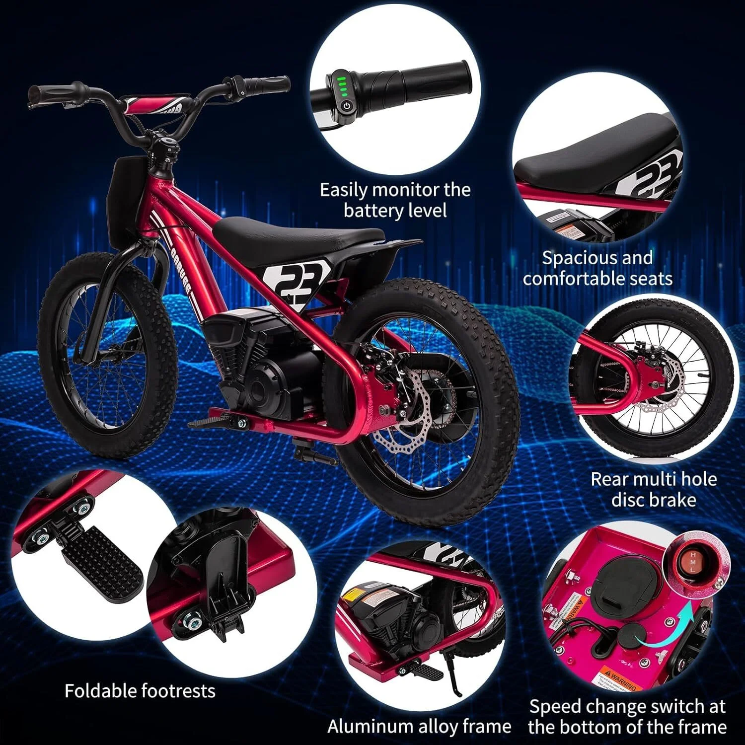 Aoile Electric Dirt Bike for Kids, 24V 5.2Ah Electric Motorcycle with 16" Tires, Electric Balance Bike w/Adjustable Speeds & Detachable Battery, Black - Image 17