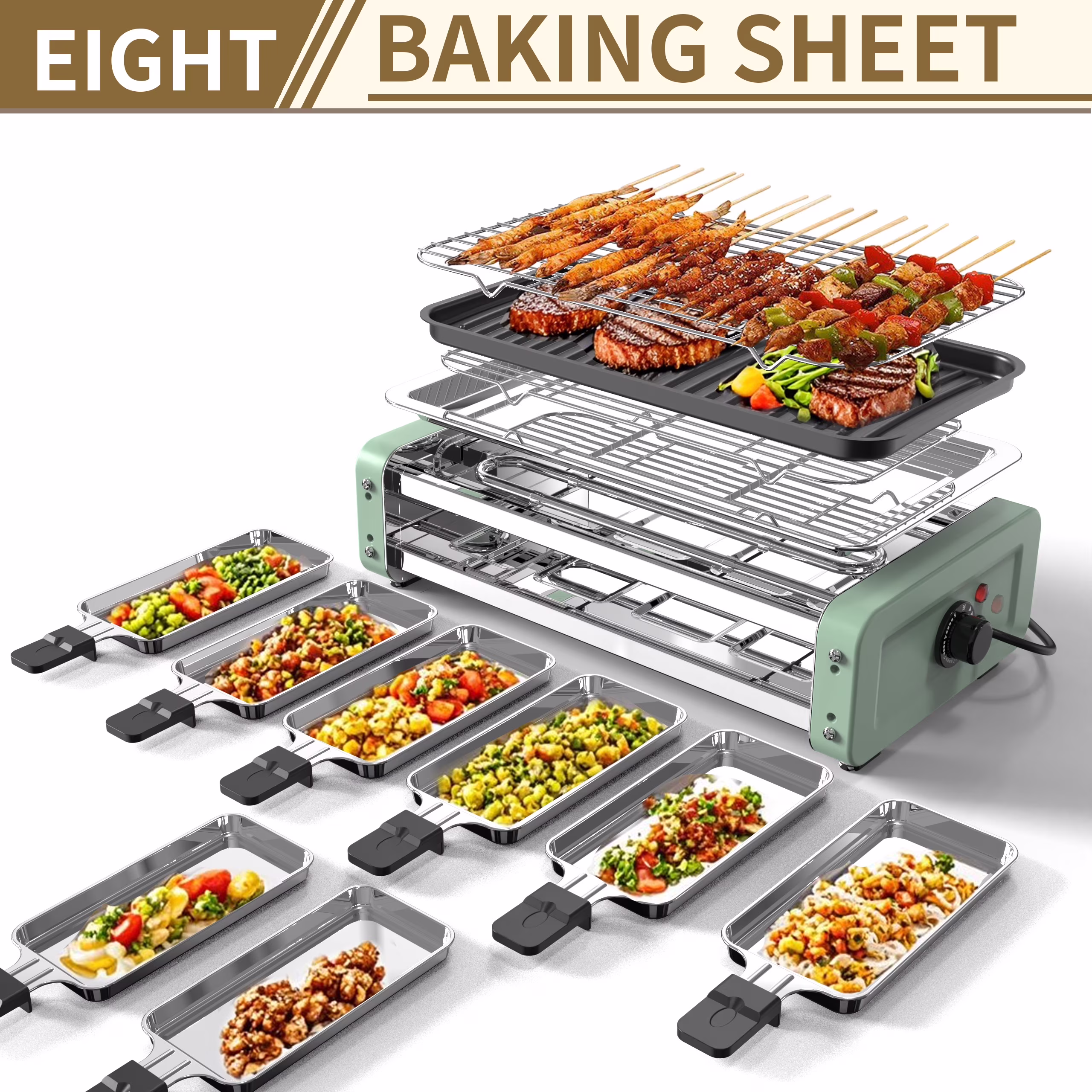 1500W Double Layer Indoor Electric Grill, Smokeless Kitchen Grill with 4/8 Cheese Plates, Non - Stick Removable Plates Temp Control, Perfect for Family Dinner, BBQ, Easter Gift(Green + 8 cheese plates)