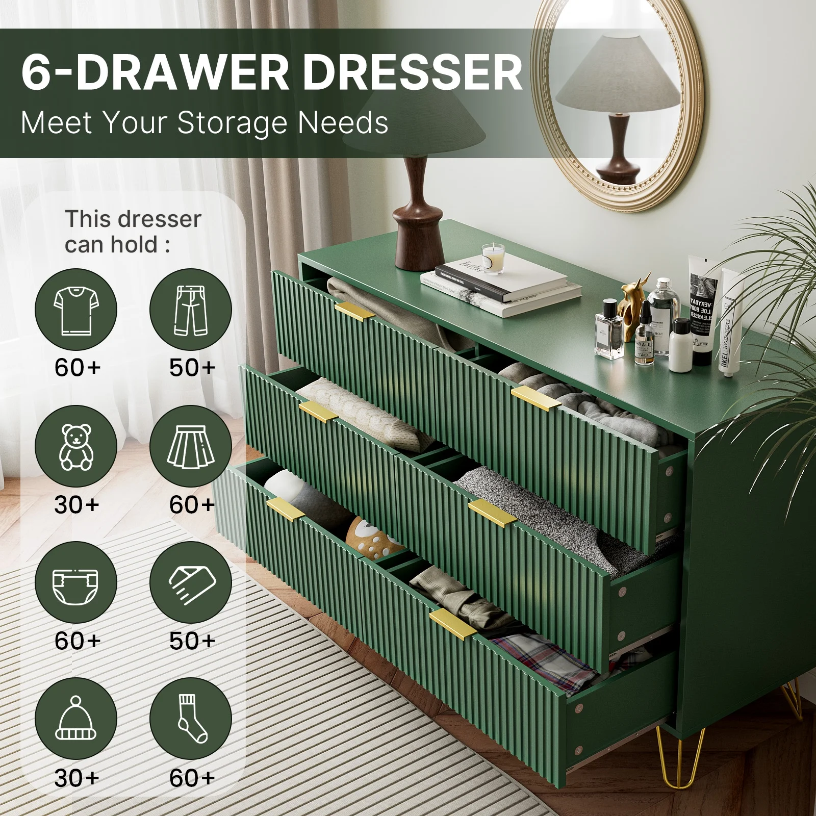 FURNIWAY White 6 Drawer Dresser for Bedroom, Modern Dresser with Gold Metal Handles,Fluted Wood TV Stand for Living Room, Hallway - Image 18