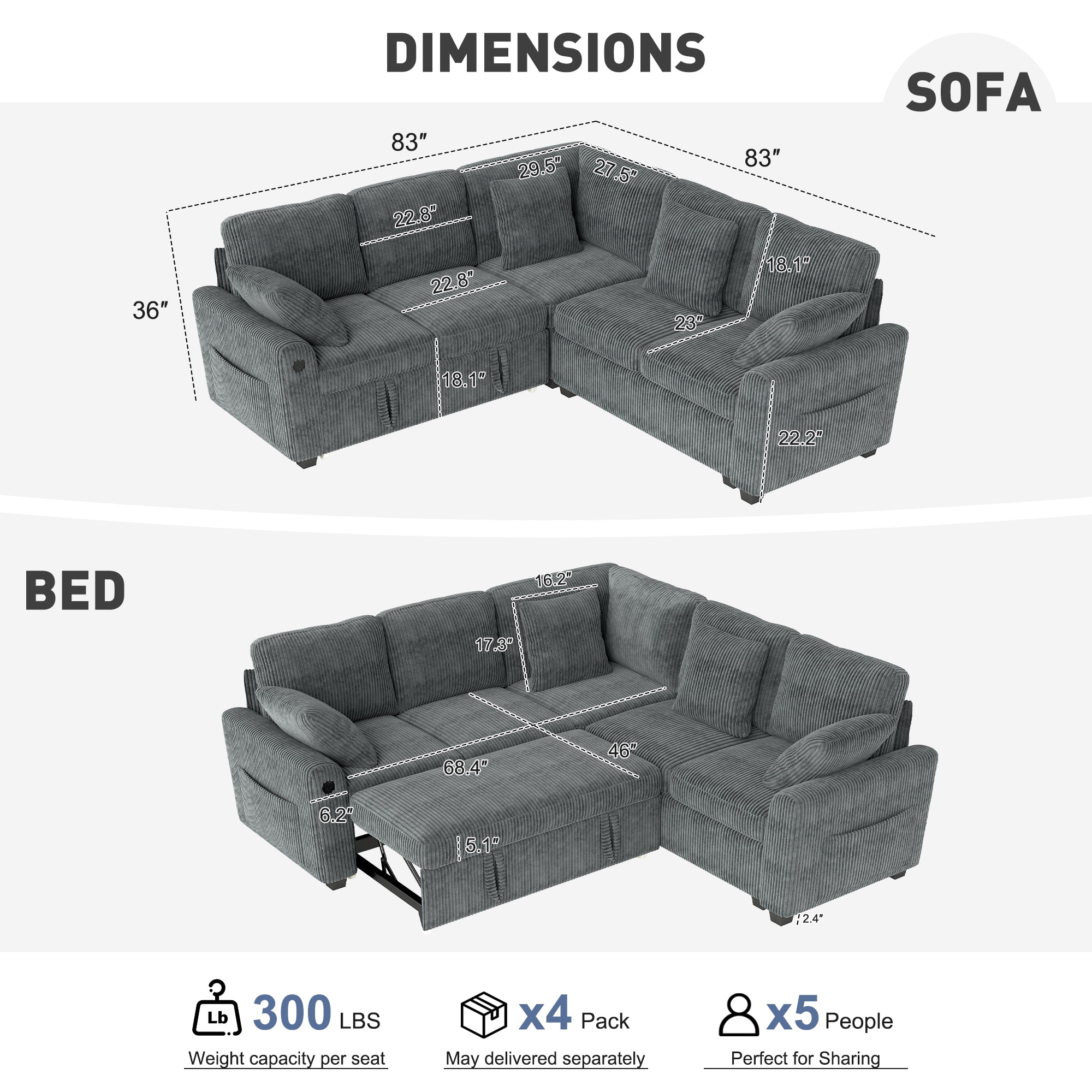 BedLuxury 83" Sectional Sleeper Sofa with Pull Out Bed, L Shaped Couch with Storage Seat for Living Room, Gray - Image 2