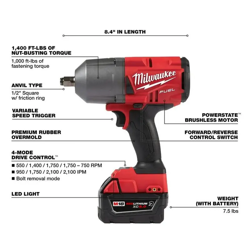 Milwaukee M18 FUEL 1/2 in High-Torque Impact Wrench Kit With Friction Ring Drive - 2767-22R - Image 4 Milwaukee M18 FUEL 1/2 in High-Torque Impact Wrench Kit With Friction Ring Drive - 2767-22R - Image 4