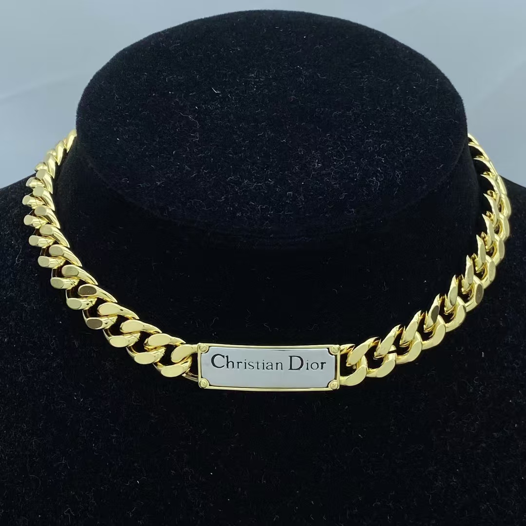 Dior Christian Dior Plate Gold-Finish Chunky Cuban Chain Choker Necklace - Original Replica Club