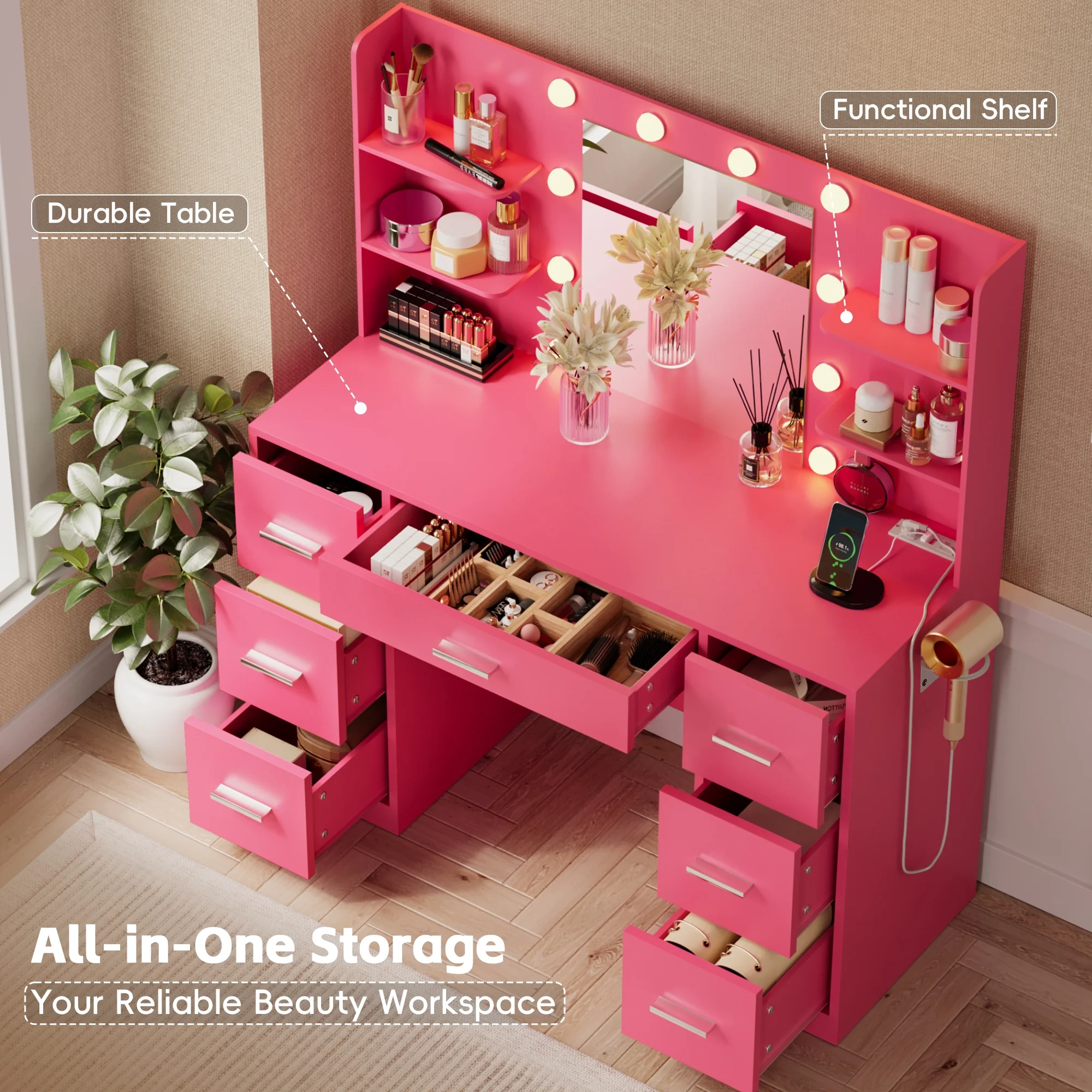 Lacoo Vanity Desk with Mirror and LED Lights, Makeup Vanity with 7 Drawers & 4 Shelves, Vanity Table with Power Outlet for Bedroom Dressing Room, White - Image 23