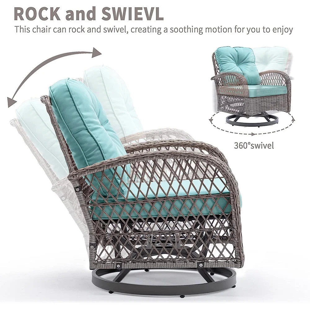 3 Piece Patio Swivel Rocker Chairs Set, 2 360-Degree Swivel Rocking Chairs with 1 Glass Top Table, PE Rattan Outdoor Bistro Set with Cushions for Balcony Deck Poolside Backyard Porch - Image 4