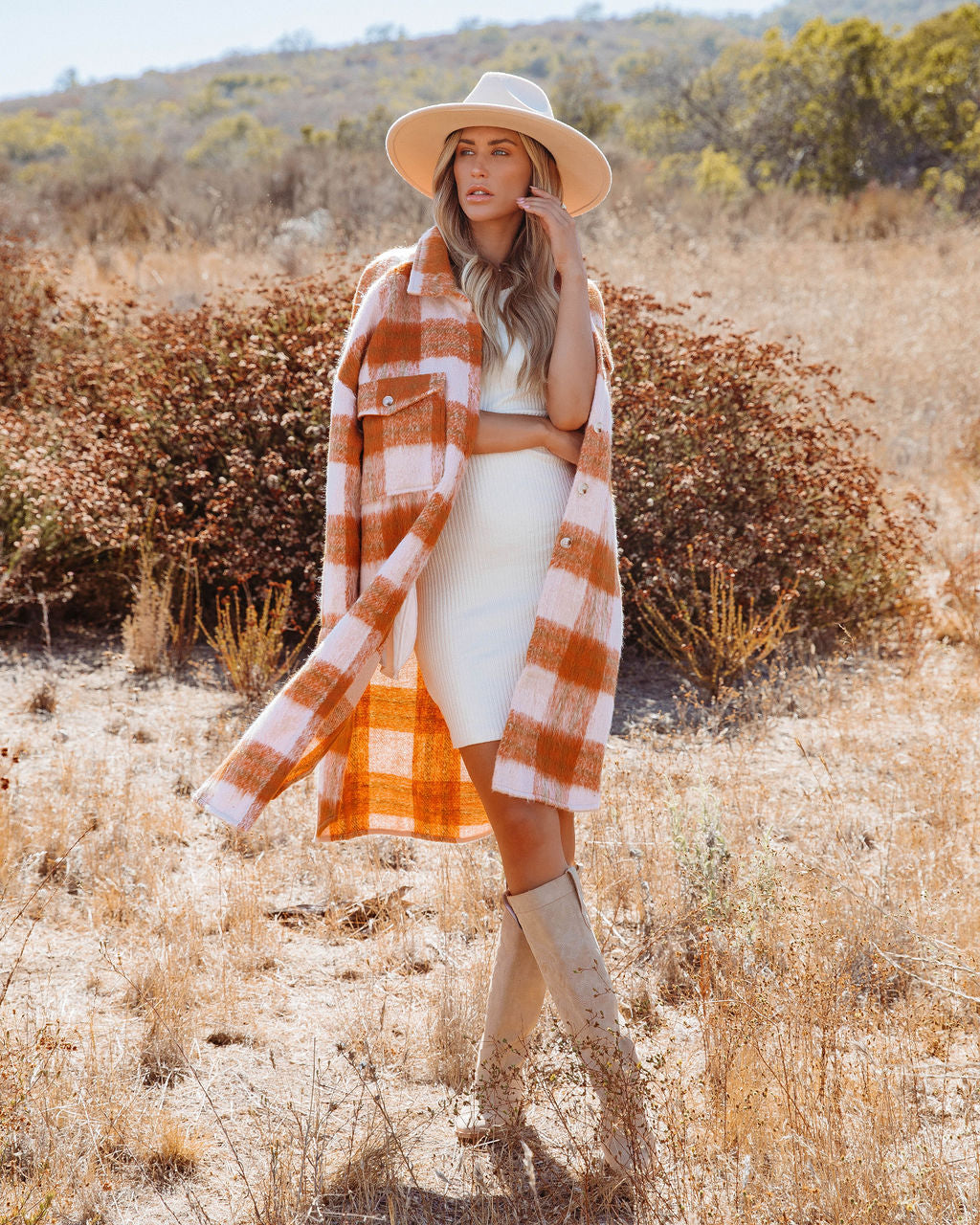 Sunkissed Fall Skies Pocketed Plaid Button Down Coat - Se7enfashion
