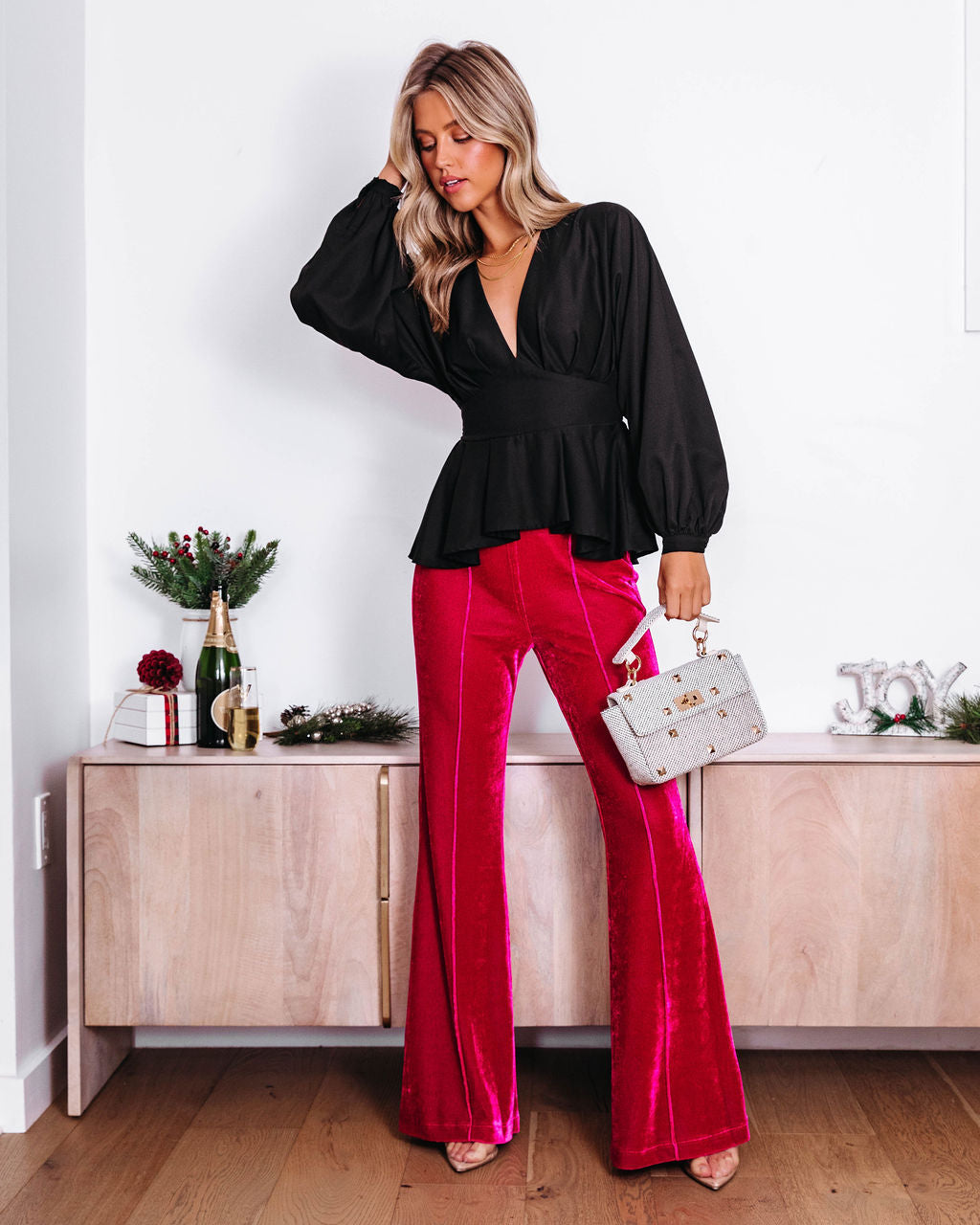 Gianna Plunge Neck Long Sleeve Top - Black - Se7enfashion