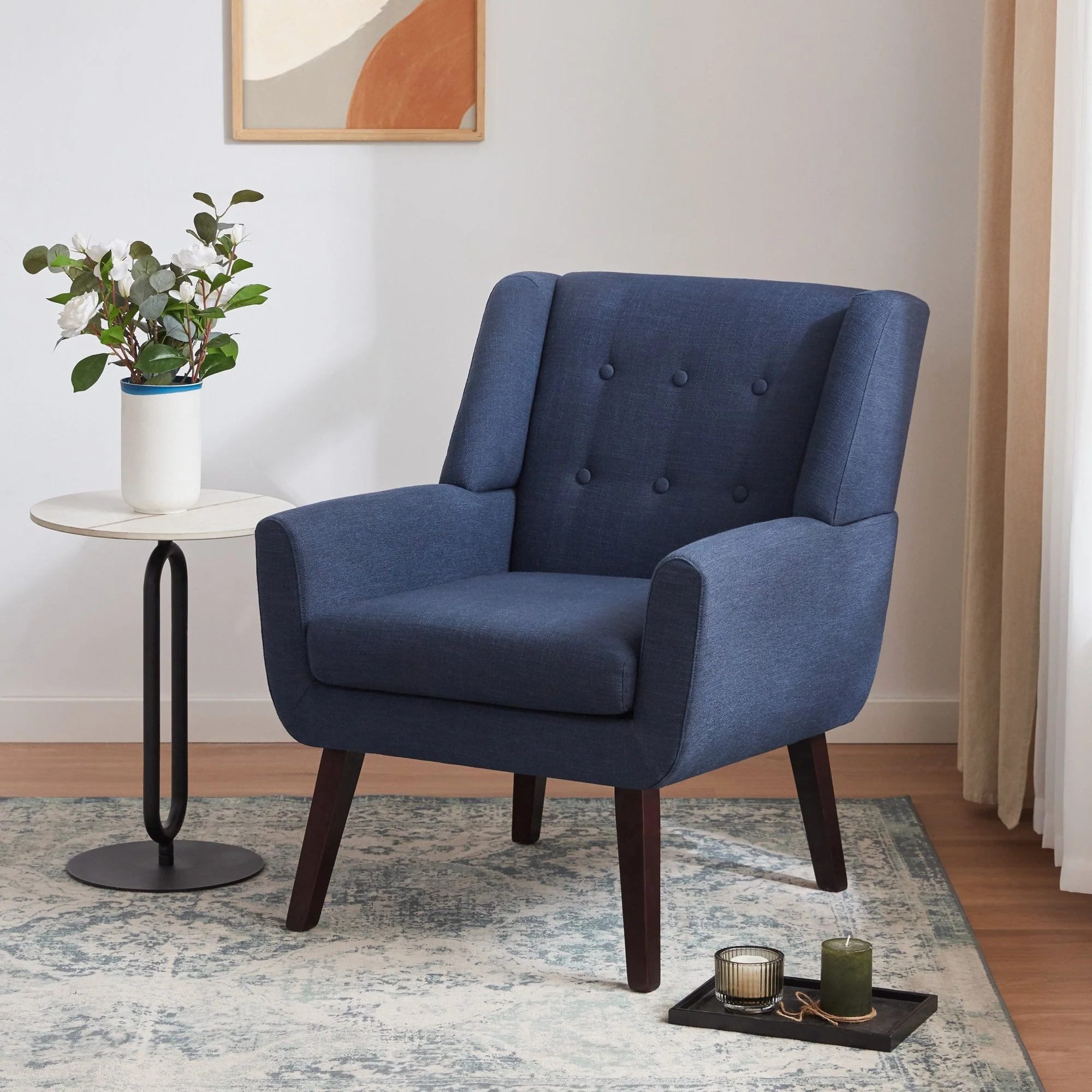 HUIMO Accent Chair, Button-Tufted Upholstered Living Room Chairs, Mid Century Modern Comfy Reading Chairs for Bedroom, Living Room, Beige - Image 4