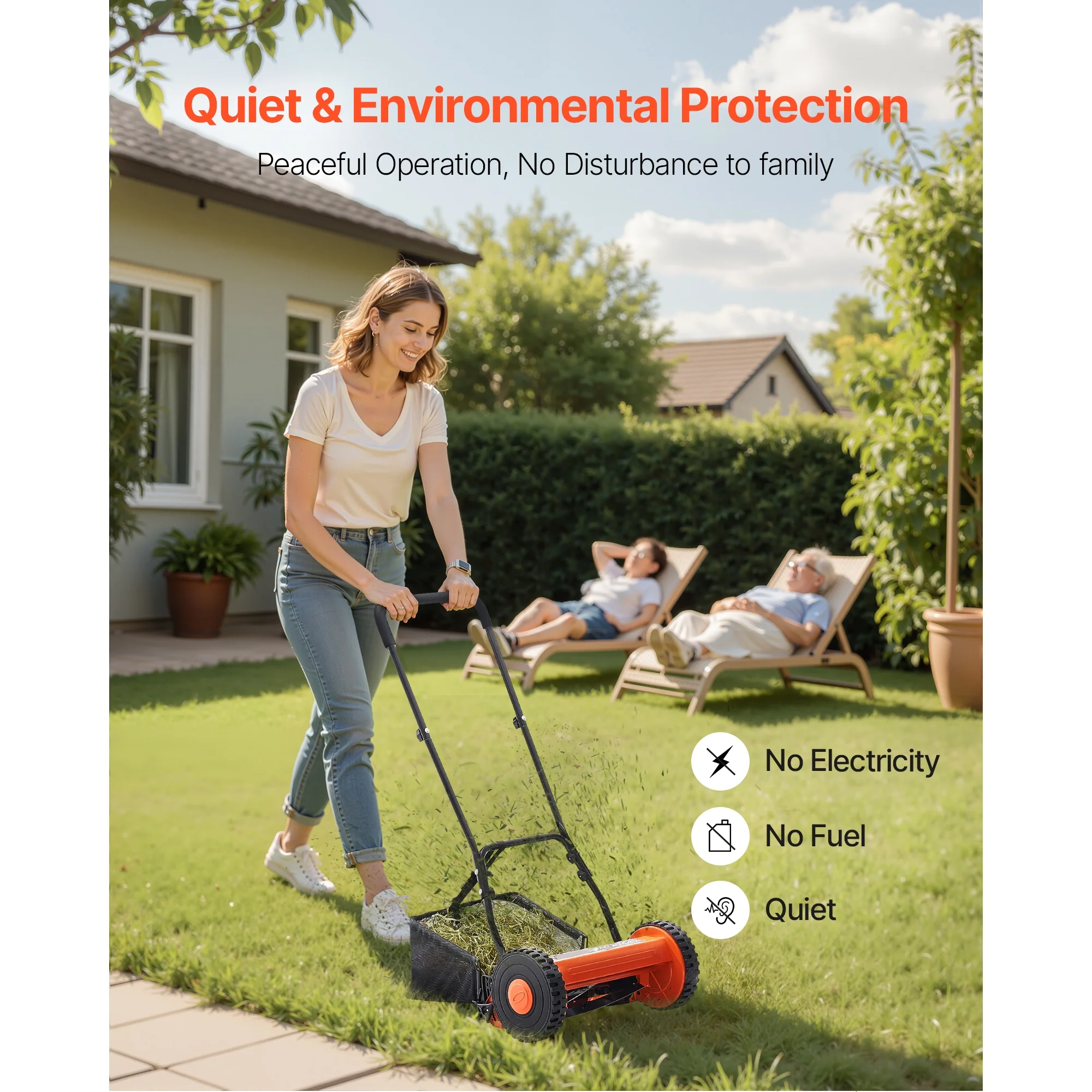 KFFKFF 16-Inch Manual Push Reel Lawn Mower, 5-Blade Design, Adjustable Cutting Height from 0.6 to 1.75 Inches, Walk-Behind Mower with Grass Collection Bag for Lawns, Driveways, and Courtyards - Image 4