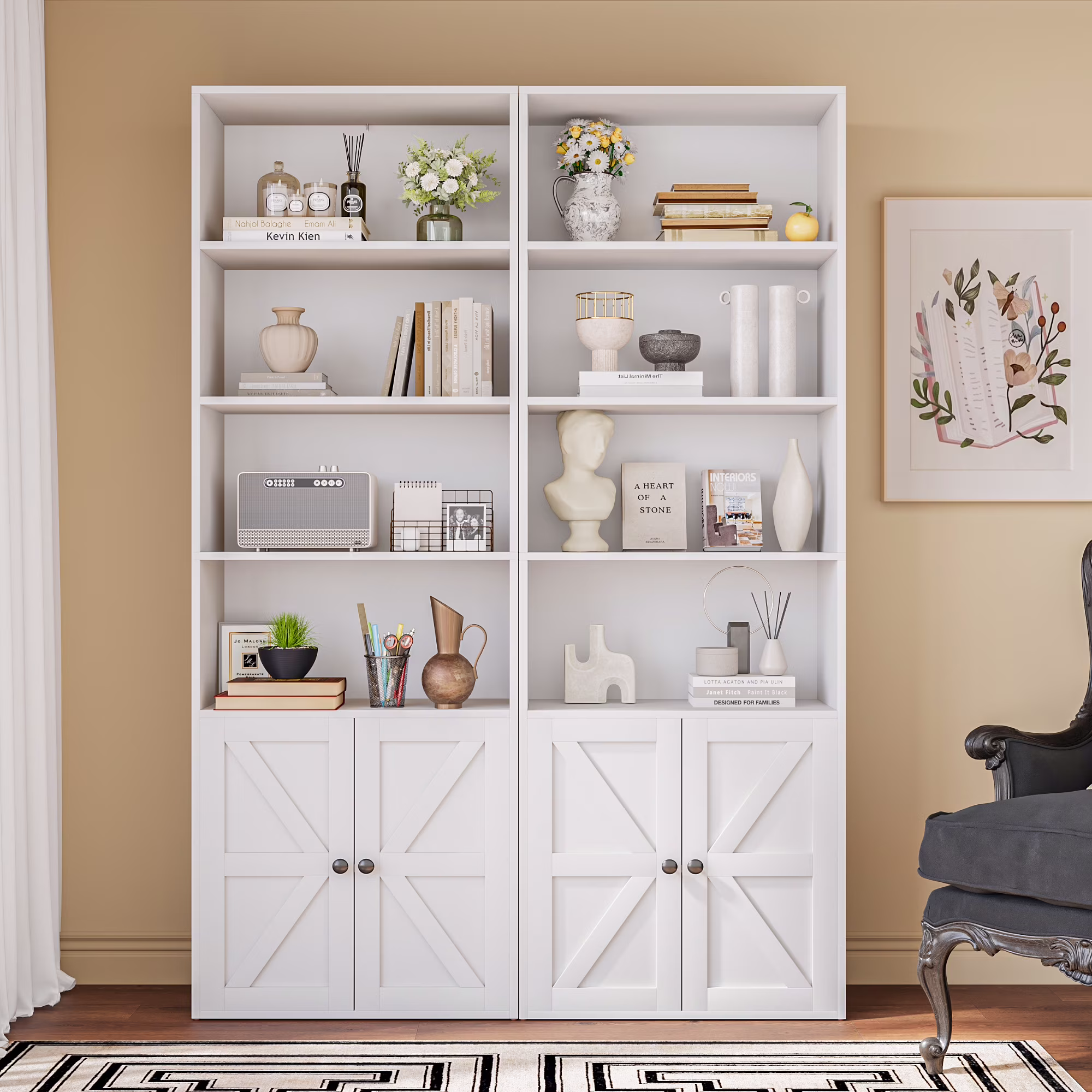 Furmax 1 Piece 4 - Shelf Farmhouse Bookcases 4 - Tier Bookshelf with Adjustable ShelvesDoors, Storage Cabinet for Home Living Room, Kitchen, Office, White(White)