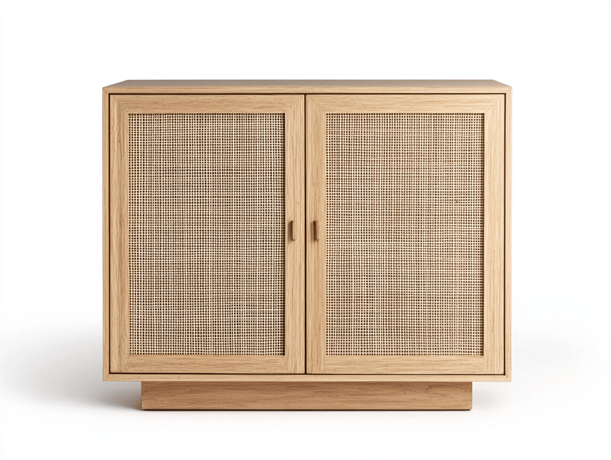 Armario de madera clara y ratán con dos puertas y base
