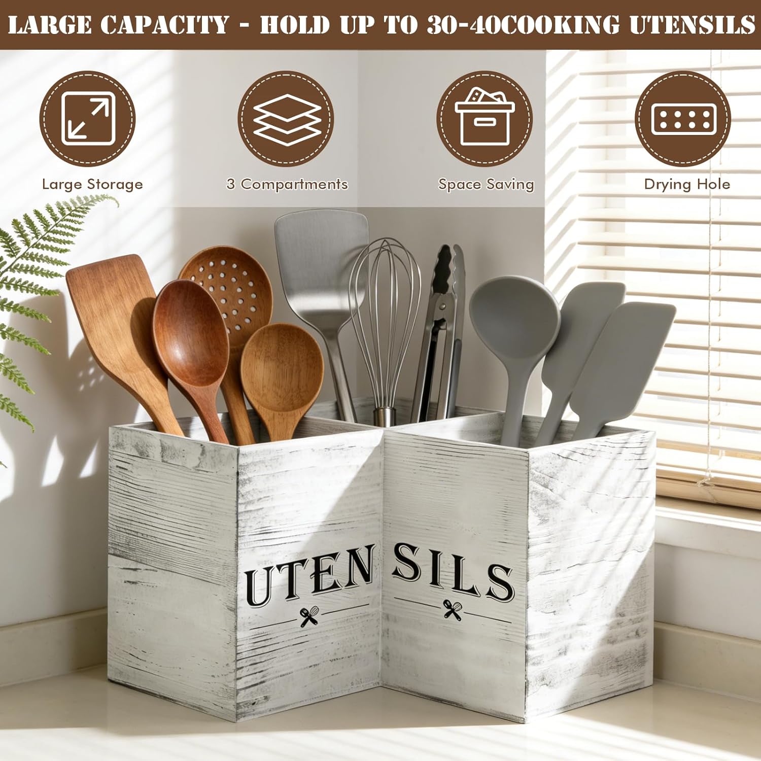 Extra Large Utensil Holder with 3 Compartments, Durable Wooden Utensil Organizer for Kitchen Countertop, Spatula and Spoon Holder Farmhouse Decor (White Grain)