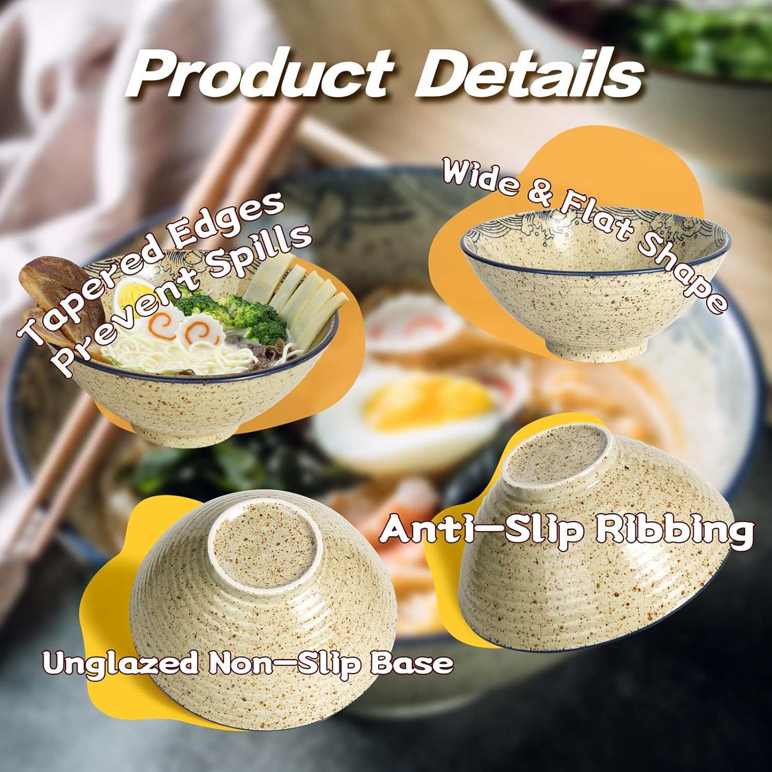 Ceramic Ramen Bowl Set of 2, 40oz Japanese Noodle Bowls with Spoons & Chopsticks Porcelain Large Soup Bowl for Pho, Udon, Retro Style Tableware Microwave & Dishwasher Safe, Fish