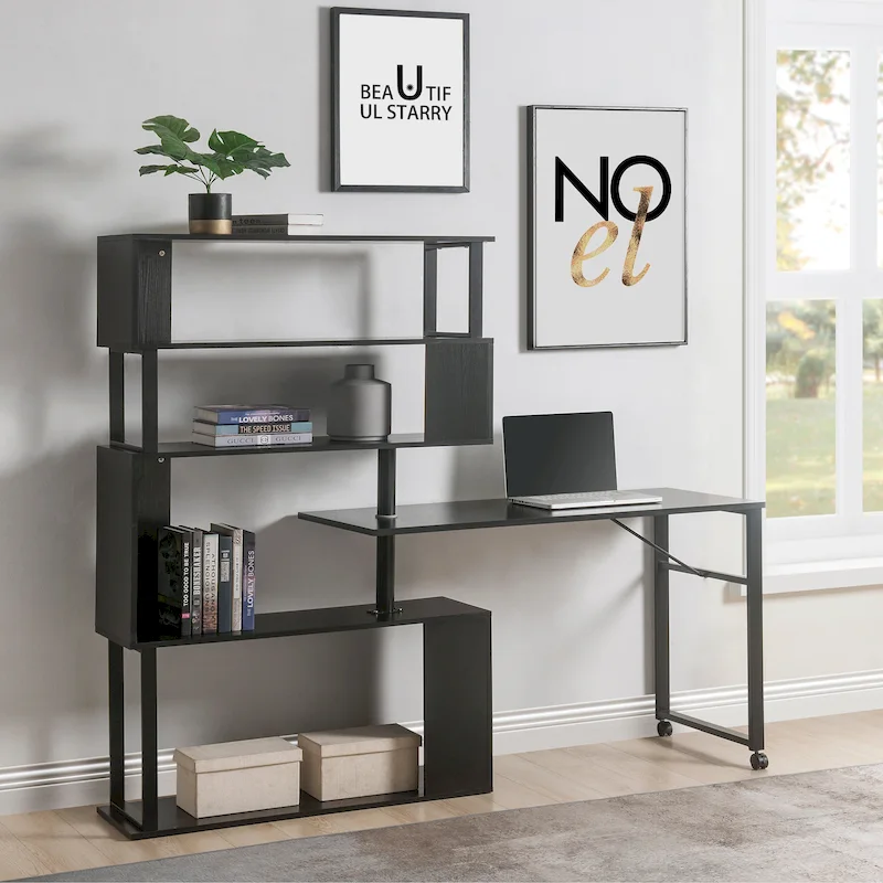 Modern Computer Desk with 5-Tier Shelves – Space-Saving Rotatable Workstation
