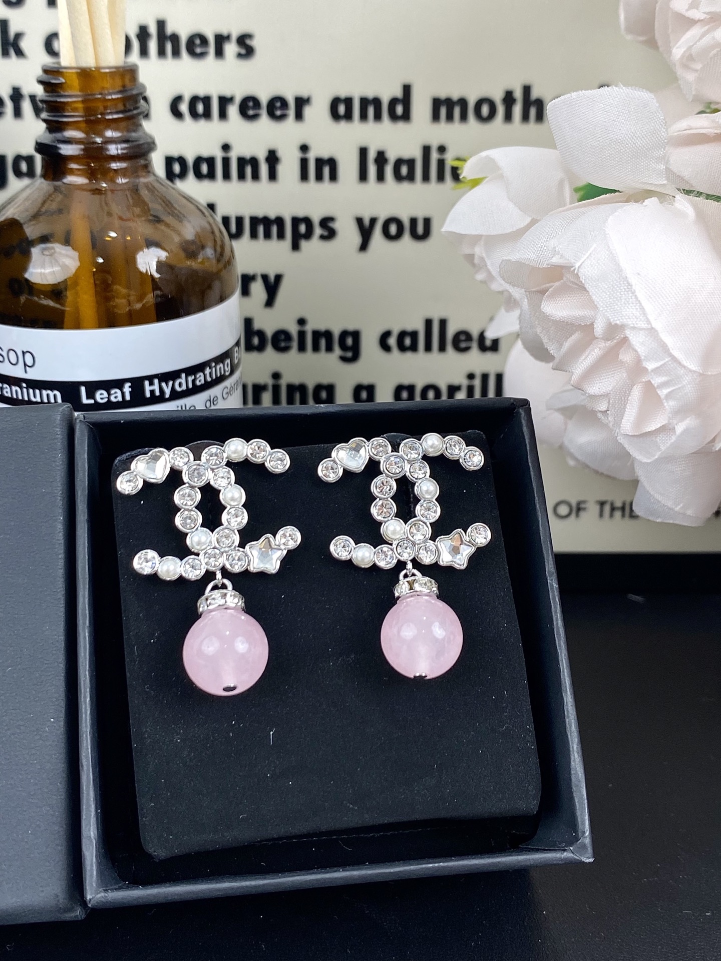 Chanel Pink Crystal Pearl Dangle Rhinestone CC Earrings - Original Replica Club