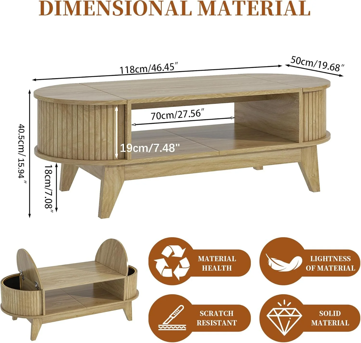 Fluted Coffee Table with Storage, Modern Coffee Tables, Wood Accent Center Table - Image 4