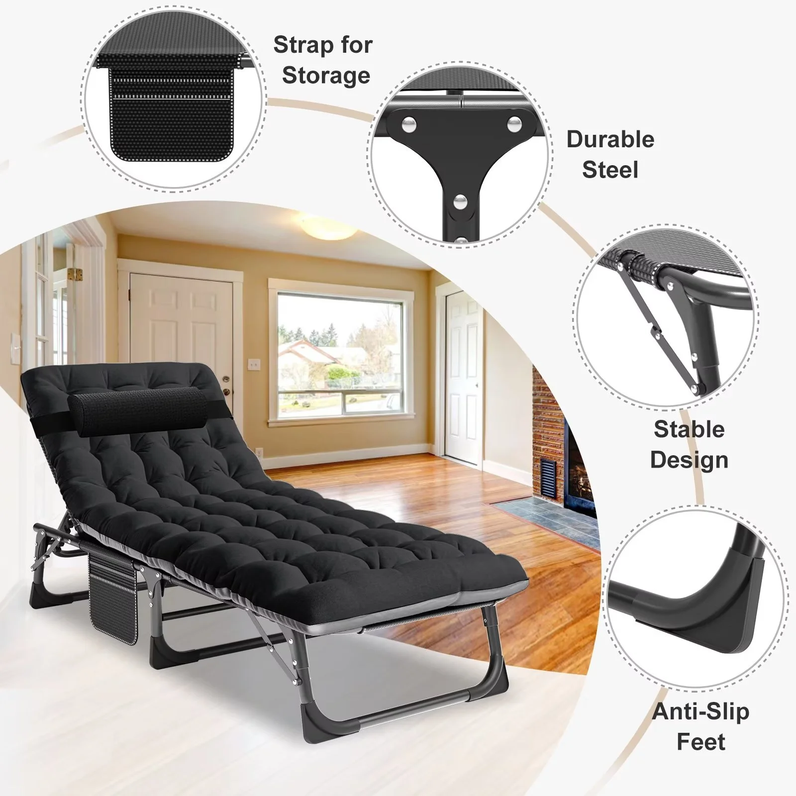 MOPHOTO Lounge Chair with Mattress, Outdoor Chaise Lounge Support 440 Lbs, Adjustable Portable Heavy Duty Sleeping Cots Bed for Camping, Pool, Beach, Patio - Image 4
